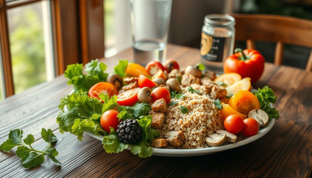 A-balanced-nutritious-meal-artfully-arranged-on-a-rustic-wooden-table.-In-the-foreground-a-1024x585 Meilleurs compléments alimentaires pour prendre du muscle