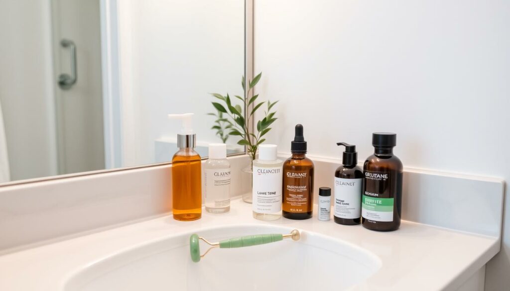 A-bathroom-vanity-with-a-clean-minimalist-design.-On-the-countertop-an-assortment-of-skincare-1024x585 Peau à imperfections : Caractéristiques, causes et solutions