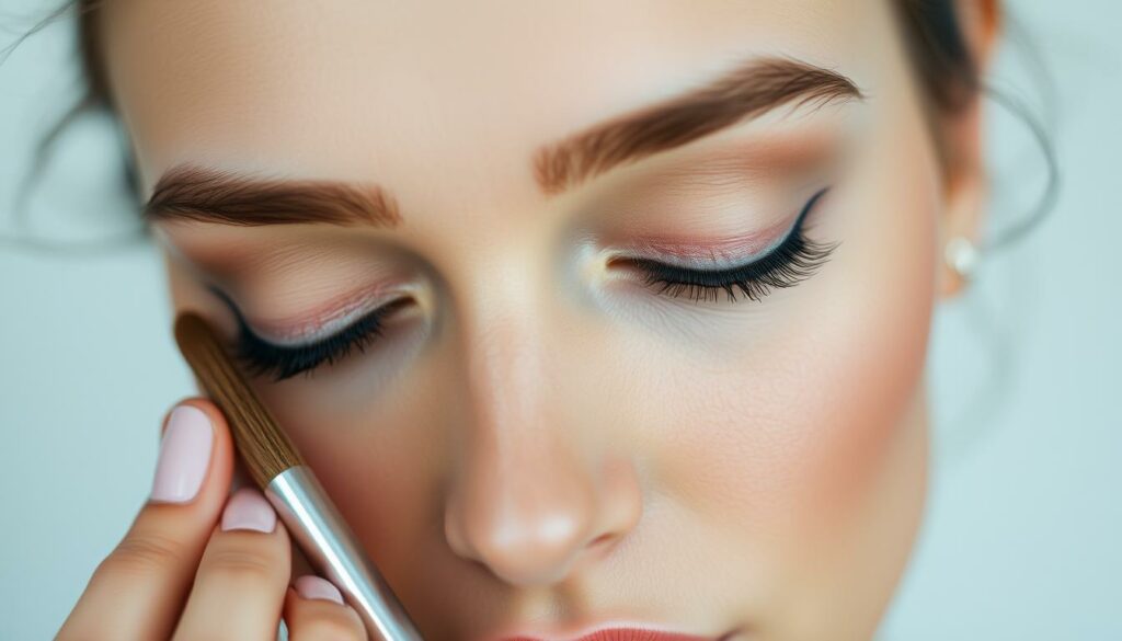 A-close-up-portrait-of-a-womans-face-her-eyes-closed-as-she-applies-makeup-to-her-eyelids-1024x585 Quelle couleur de maquillage choisir pour ses yeux ?