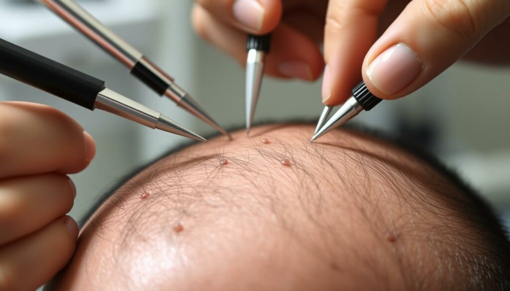 A-close-up-shot-of-a-scalp-showcasing-advanced-hair-restoration-techniques.-In-the-foreground--1024x585 Les différentes étapes de la greffe de cheveux