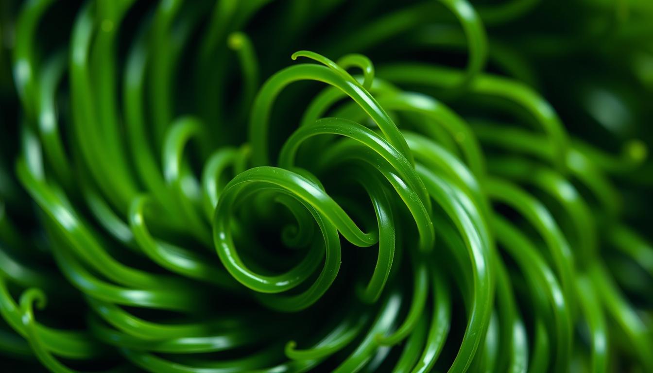 A close-up shot of a vibrant, spiraling cluster of fresh, organic spirulina algae. The algae are a rich, deep green color, with a glossy, almost iridescent sheen. The filaments twist and curl gracefully, creating a mesmerizing, hypnotic pattern. The lighting is soft and diffused, creating gentle shadows that accentuate the intricate texture and structure of the spirulina. The background is blurred, allowing the spirulina to be the sole focus of the image, drawing the viewer's attention to its captivating, natural beauty. The overall mood is serene, calming, and evocative of the powerful, nutritional properties of this superfood.