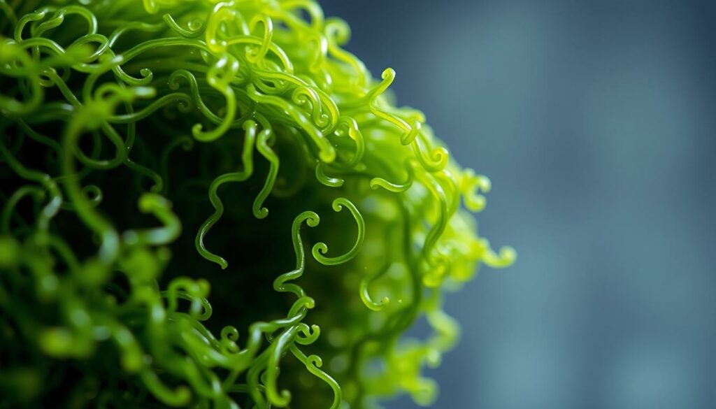 A-close-up-view-of-a-bundle-of-fresh-vibrant-green-spirulina-algae-strands-glistening-with-1024x585 La spiruline bio : un super-aliment aux multiples vertus pour la santé et le bien-être physique