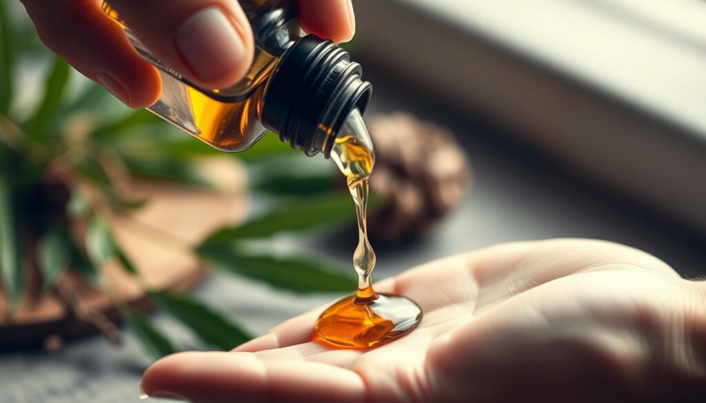 A-close-up-view-of-a-hand-gently-pouring-organic-CBD-oil-from-a-glass-bottle-onto-an-open-palm-1024x585 Quels sont les bienfaits de l'huile de CBD