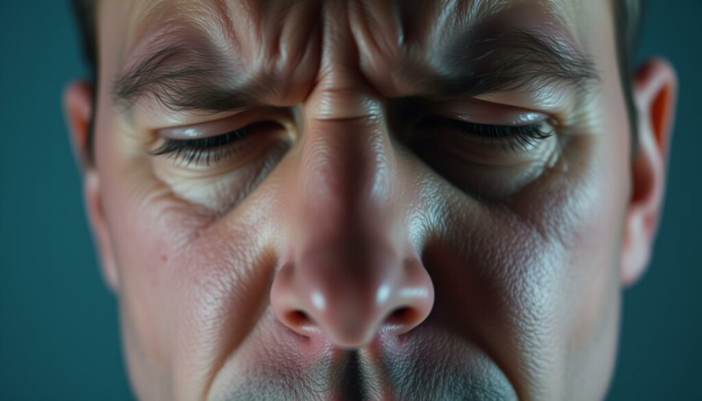 A-close-up-view-of-a-human-face-showcasing-the-telltale-signs-of-sinus-infection.-The-forehead-1024x585 Quels remèdes naturels contre l'infection des sinus