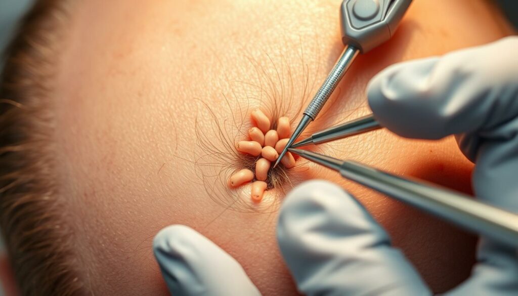 A-closeup-view-of-a-scalp-showcasing-the-intricate-process-of-hair-follicle-extraction.-The-1024x585 Les différentes étapes de la greffe de cheveux