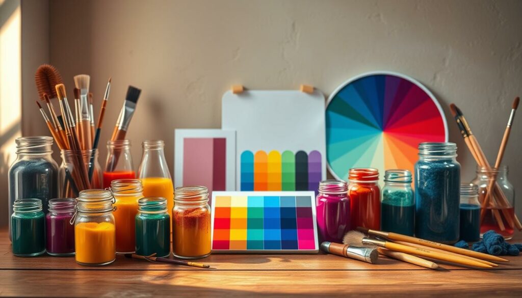 A-detailed-still-life-composition-showcasing-the-principles-of-colorimetry-and-complementary-1024x585 Quelle couleur de maquillage choisir pour ses yeux ?