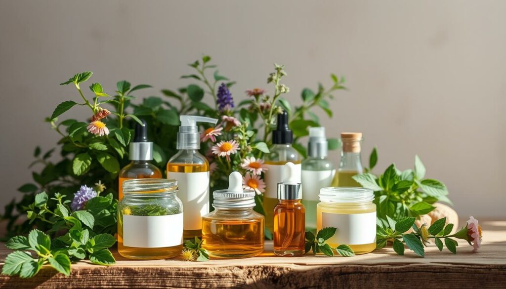 A-lush-verdant-still-life-showcasing-a-selection-of-natural-skincare-products.-In-the-1024x585 Peau à imperfections : Caractéristiques, causes et solutions