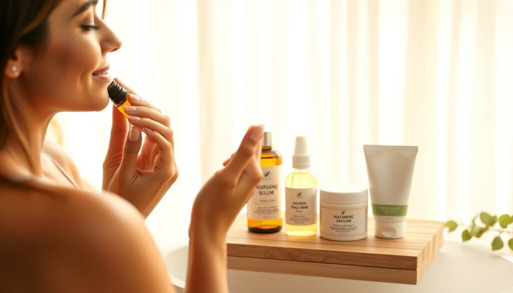 A-serene-morning-routine-for-healthy-skin.-In-the-foreground-a-womans-hands-gently-massage-a--1024x585 Peau à imperfections : Caractéristiques, causes et solutions