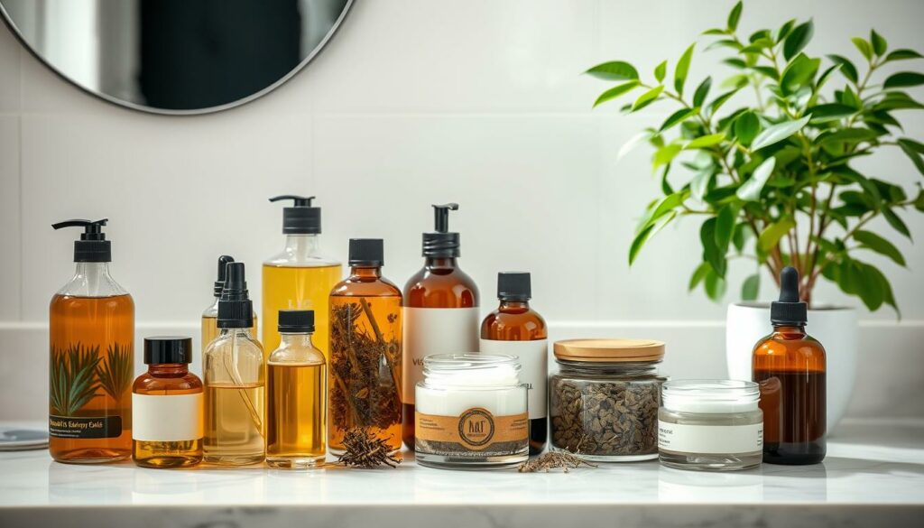 A-serene-well-organized-bathroom-counter-displays-an-array-of-natural-haircare-products.-Glass-1024x585 Comment adopter une routine capillaire naturelle et efficace