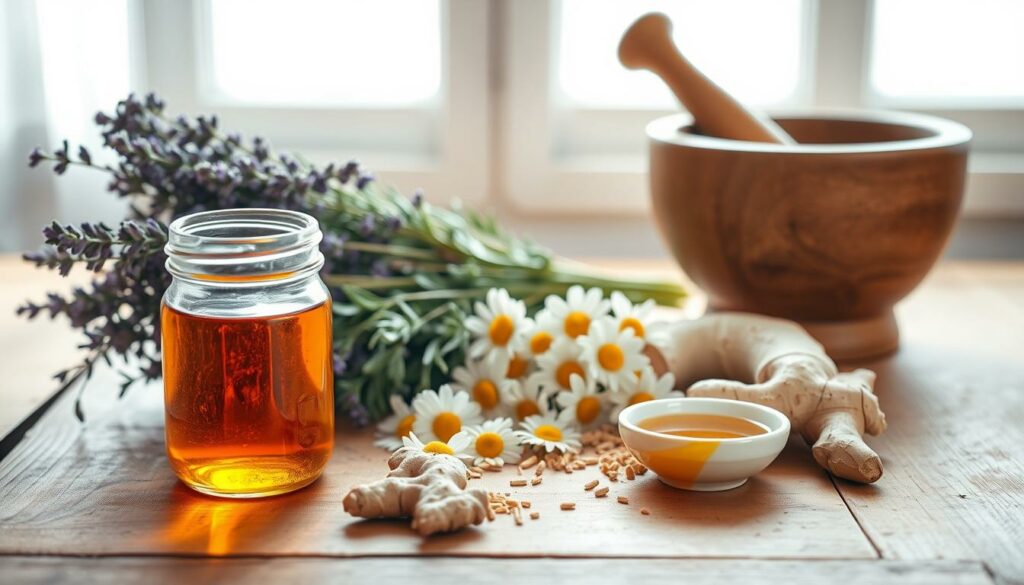 A-sunlit-wooden-tabletop-displaying-an-assortment-of-natural-remedies-fresh-herbs-dried-1024x585 Les remèdes naturels sont-ils aussi efficaces que les remèdes chimiques ?
