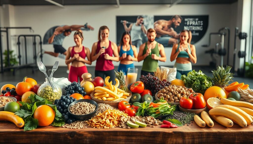 A-vibrant-sports-nutrition-scene-showcasing-a-diverse-array-of-healthy-high-performance-foods-1024x585 Quelle est la meilleure alimentation pour un sportif ?