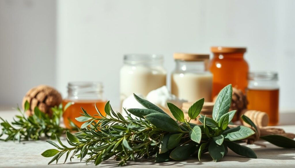 A-vibrant-still-life-capturing-an-assortment-of-natural-hair-care-ingredients.-In-the-1024x585 Shampoing : lequel choisir selon vos besoins ?