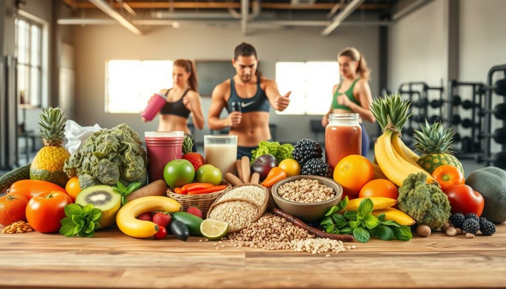 A-vibrant-well-balanced-sports-nutrition-scene-showcasing-a-variety-of-healthy-1024x585 Quelle est la meilleure alimentation pour un sportif ?