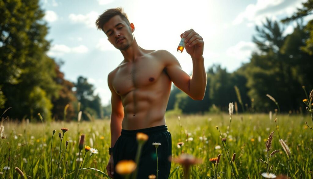 An-athlete-standing-in-a-serene-sun-dappled-meadow-their-muscular-frame-silhouetted-against-1024x585 Comment le cannabidiol améliore-t-il la performance des sportifs ?