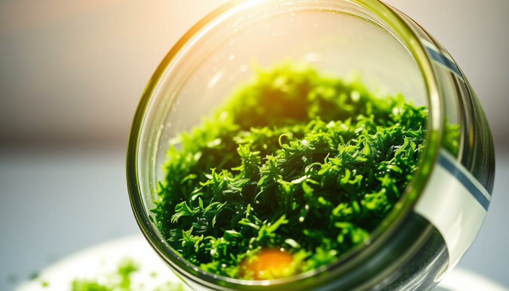 High-quality-organic-spirulina-in-a-clear-glass-container-sunlight-streaming-through-casting--1024x585 La spiruline bio : un super-aliment aux multiples vertus pour la santé et le bien-être physique