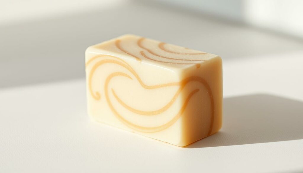 A-close-up-photograph-of-a-solid-shampoo-bar-its-surface-textured-with-swirling-patterns-and-a-1024x585 Est-ce que le shampooing solide est bon pour les cheveux ?