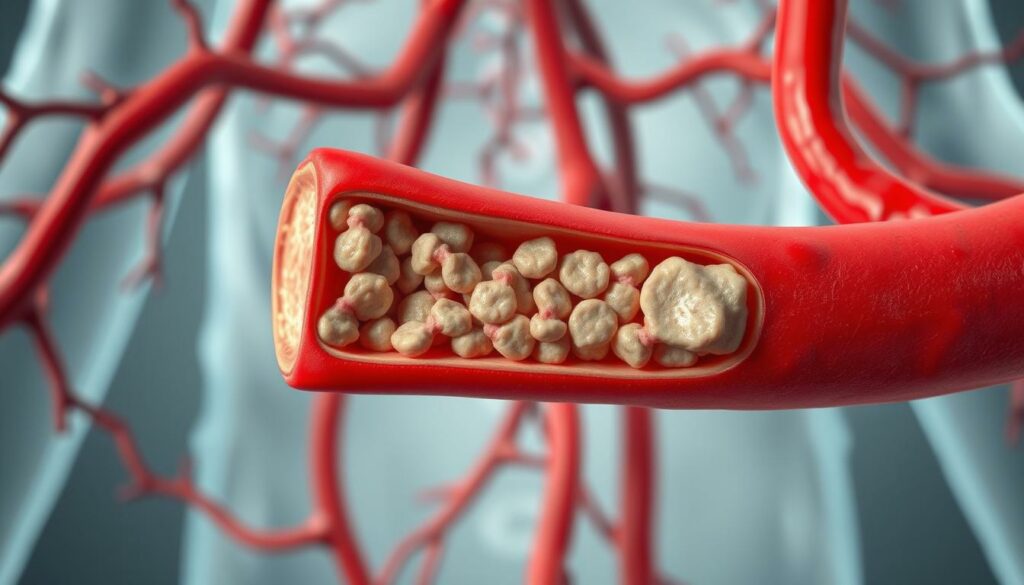 A-detailed-image-of-high-cholesterol-levels-showing-the-circulatory-system-with-narrowed-1024x585 6 signes que votre cholestérol est déjà trop élevé !
