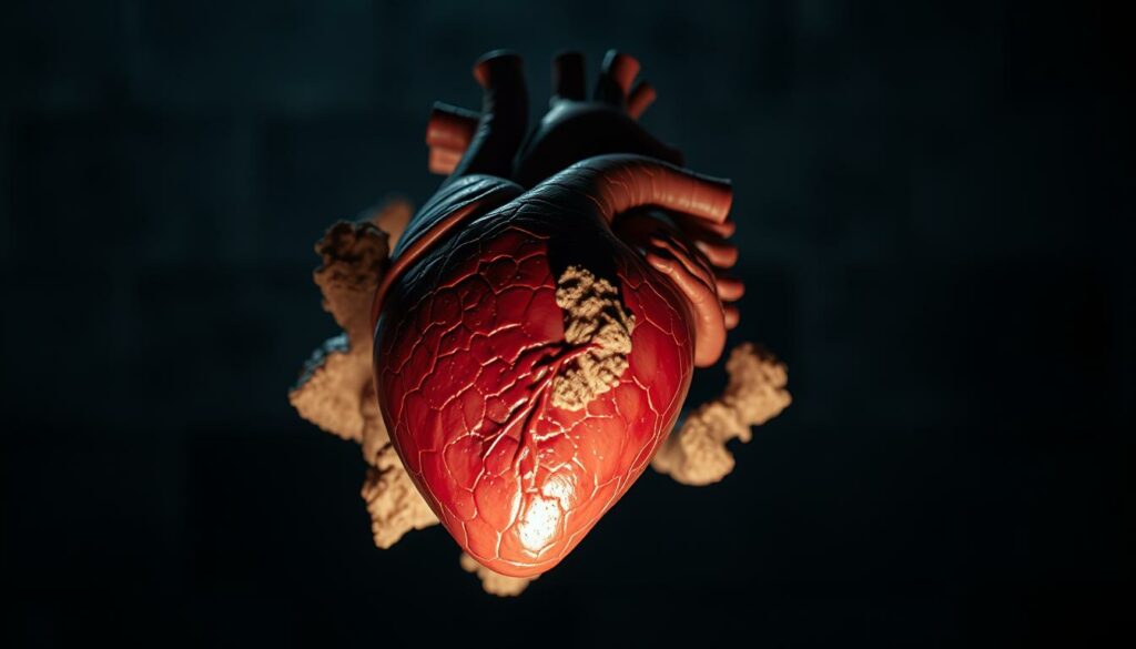A-high-contrast-close-up-image-of-a-human-heart-surrounded-by-a-halo-of-cholesterol-deposits.--1024x585 6 signes que votre cholestérol est déjà trop élevé !