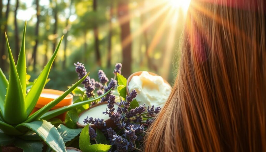 A-lush-verdant-scene-filled-with-an-array-of-natural-hair-care-ingredients.-In-the-foreground-1024x585 Quel est le meilleur soin naturel pour les cheveux ?
