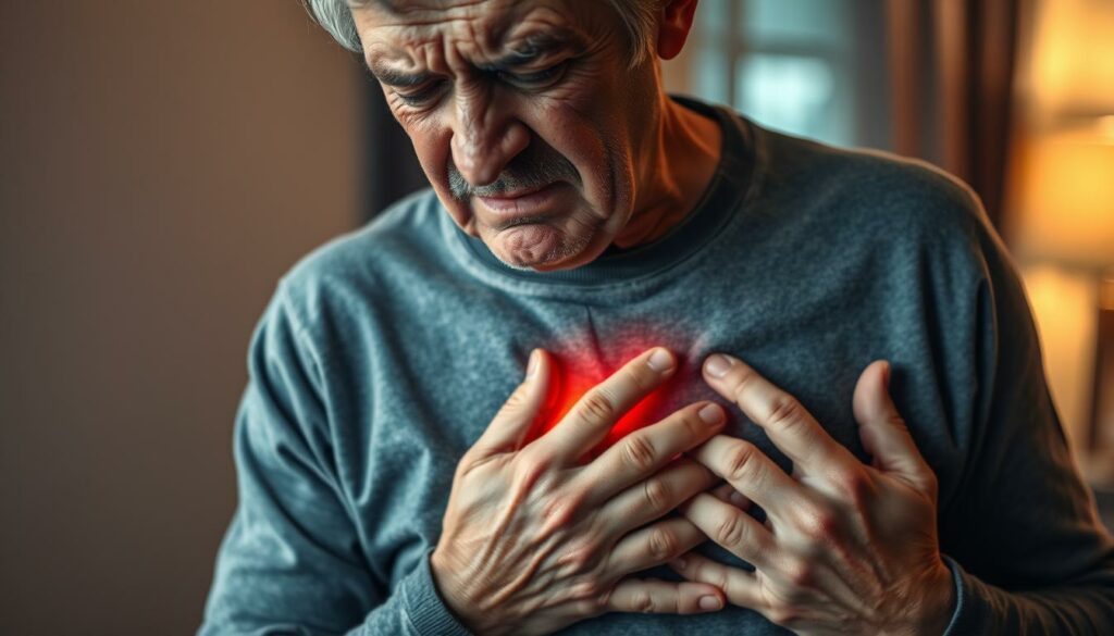 A-middle-aged-person-experiencing-acute-chest-pain-grasping-their-chest-in-distress-with-a-1024x585 6 signes que votre cholestérol est déjà trop élevé !