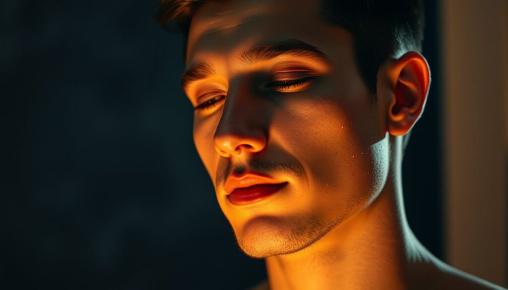 A-serene-nighttime-scene-of-a-mans-face-illuminated-by-soft-warm-lighting-that-casts-a-1024x585 Comment démarrer une routine visage pour homme ?