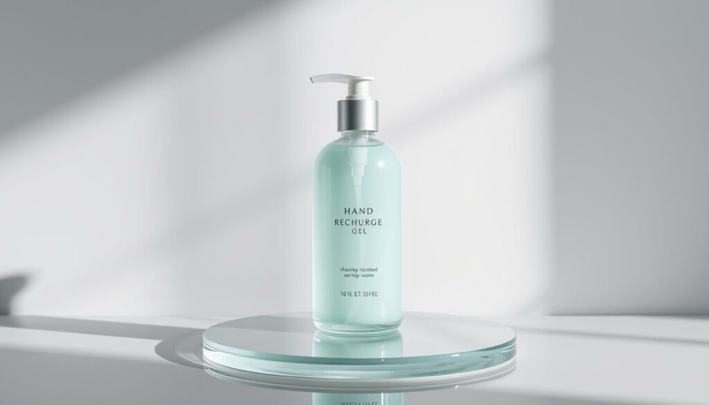 A-sleek-minimalist-bottle-of-hand-recharge-gel-sits-prominently-on-a-reflective-glass-like-1024x585 Analyse du cycle de vie des savons liquides rechargeables pour les mains