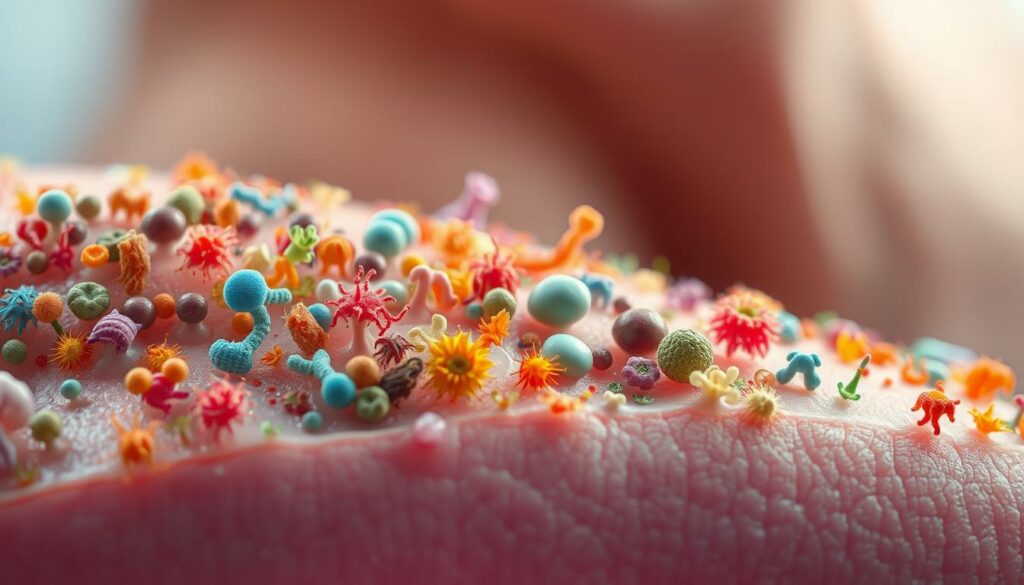 A-vibrant-close-up-illustration-depicting-the-delicate-balance-of-the-skins-microbiome.-In-1024x585 Alerte chlore : 3 dangers que votre peau subit !