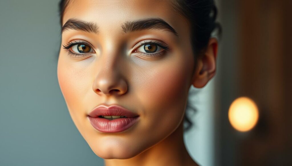 A-well-lit-close-up-portrait-showcasing-a-flawless-radiant-complexion-with-a-warm-1024x585 Produits de teint : comment ne pas se tromper ?