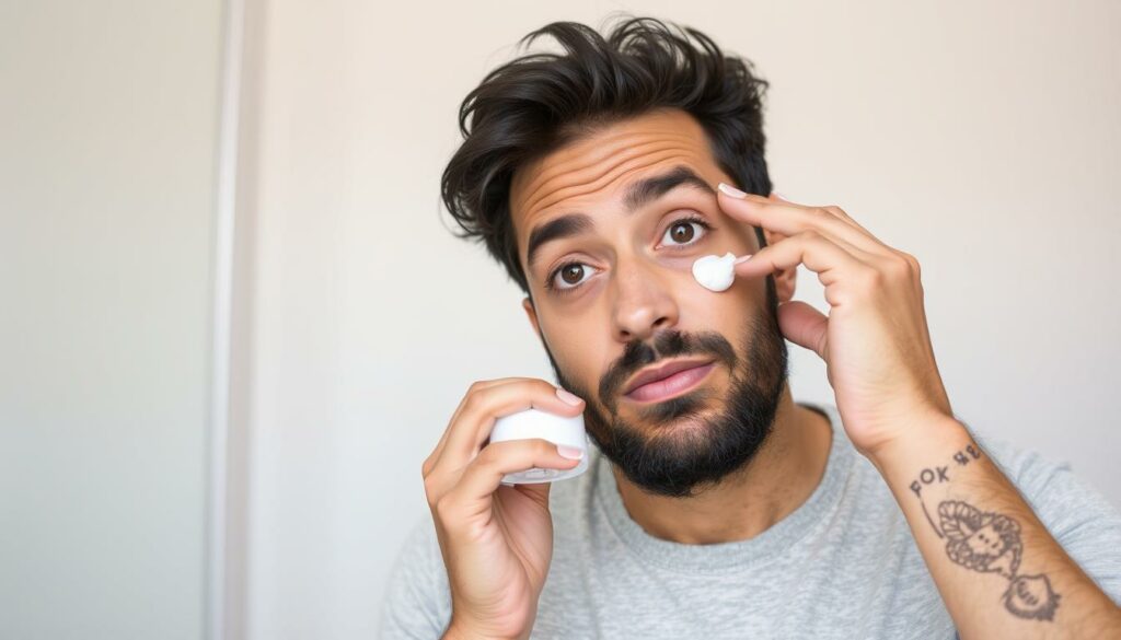 Generer-une-image-dun-homme-appliquant-un-soin-contour-des-yeux-1024x585 Comment démarrer une routine visage pour homme ?