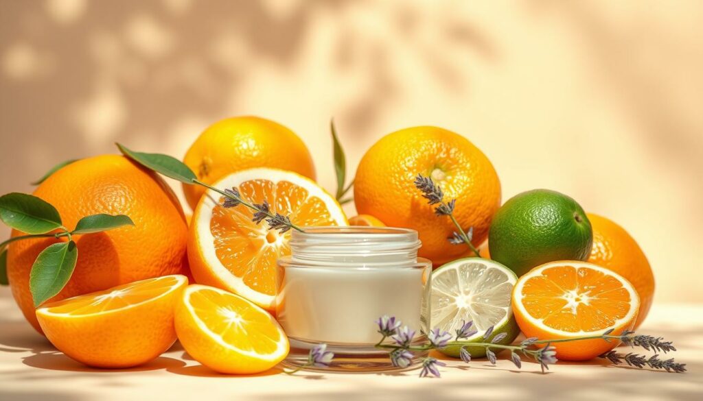 Vibrant-citrus-fruits-in-a-serene-cosmetic-setting.-Plump-oranges-lemons-and-limes-artfully-1024x585 Les bienfaits des agrumes pour la peau en cosmétique